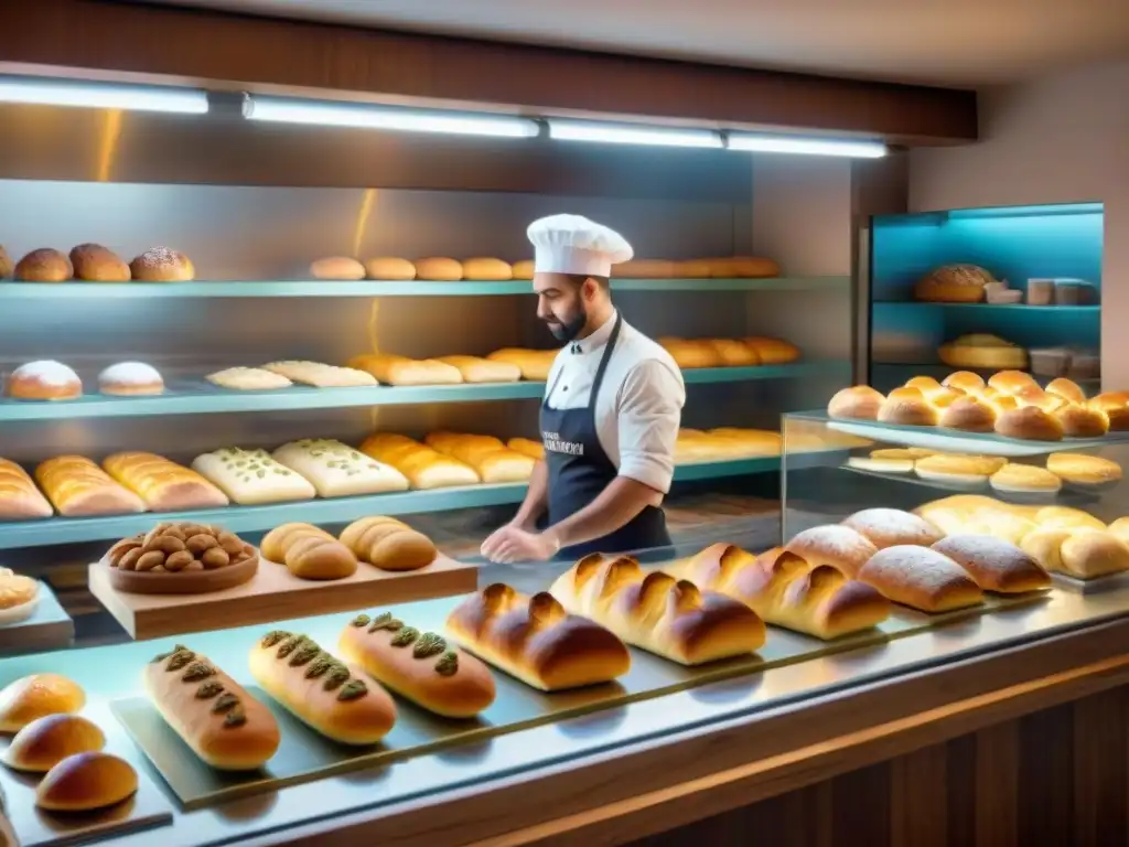 Una panadería francesa bulliciosa con influencia árabe, mostrando una variedad de panes y pasteles en estantes de madera