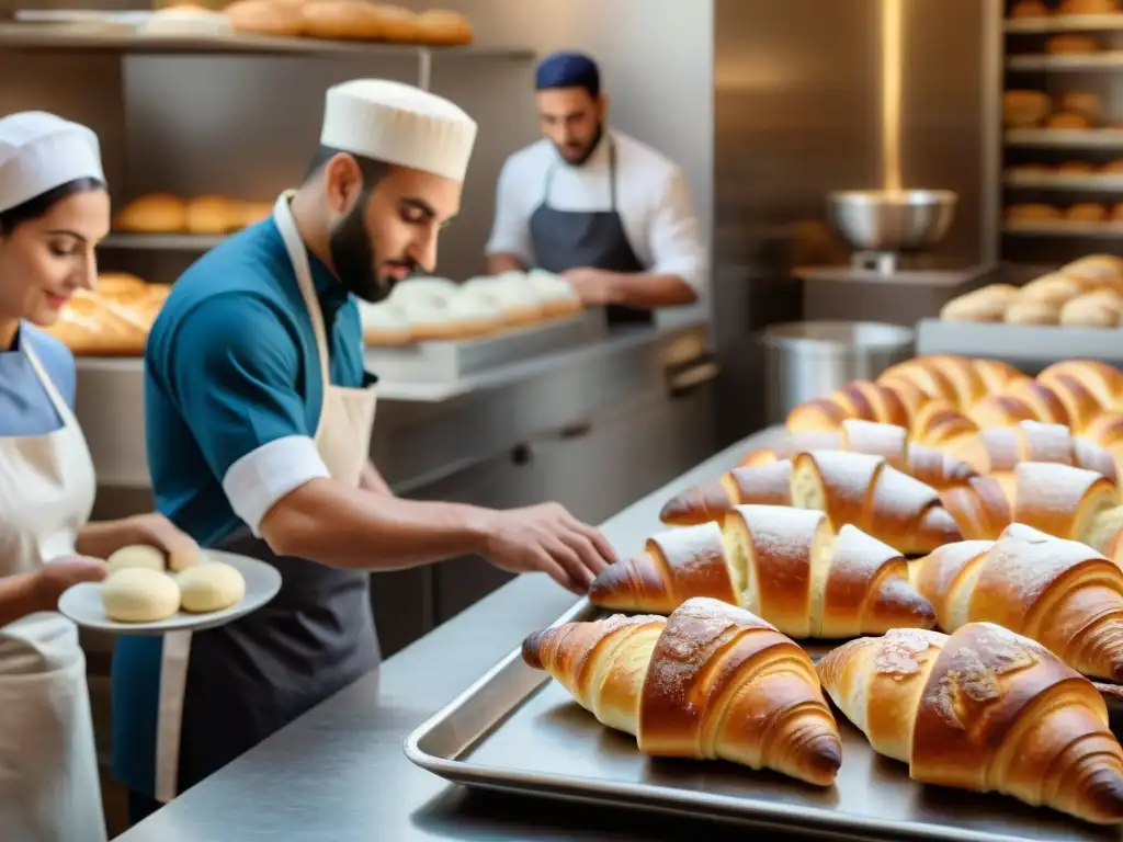 Una panadería francesa bulliciosa con una mezcla de culturas, mostrando la influencia árabe en la creación de pan