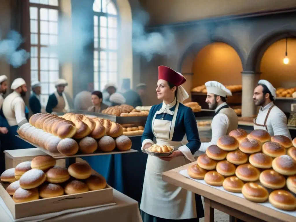 Una panadería francesa bulliciosa durante la Revolución Francesa reflejando la influencia en la repostería francesa