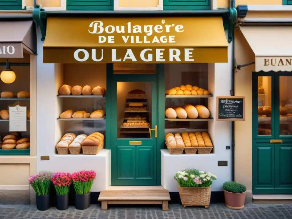 Una panadería francesa en un pueblo encantador, con panes frescos y ventanas llenas de flores