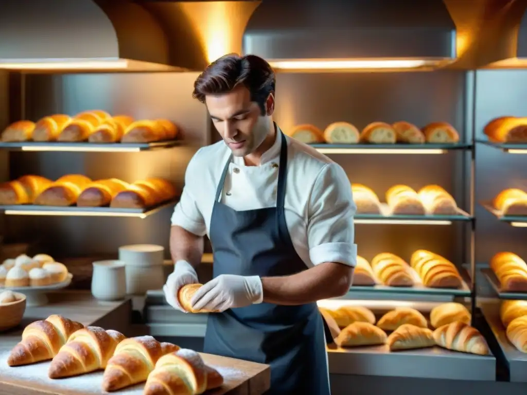 Panadería francesa con recetas tradicionales: croissants, baguettes y panaderos creando delicias en un ambiente acogedor