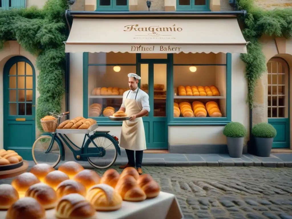 Una panadería francesa serena al amanecer con un panadero creando croissants