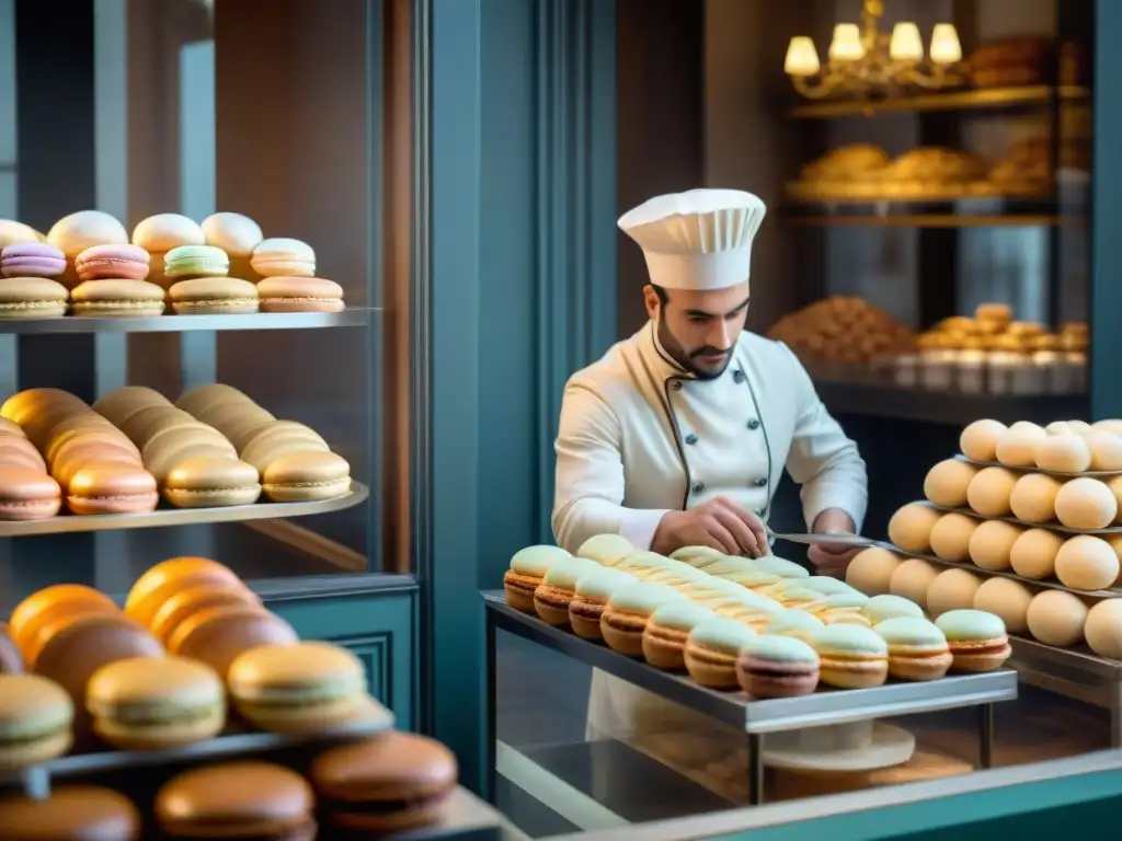 Una panadería francesa del siglo XVIII rebosante de vida, influenciada por la Revolución Francesa, con exquisitas creaciones y clientes ansiosos