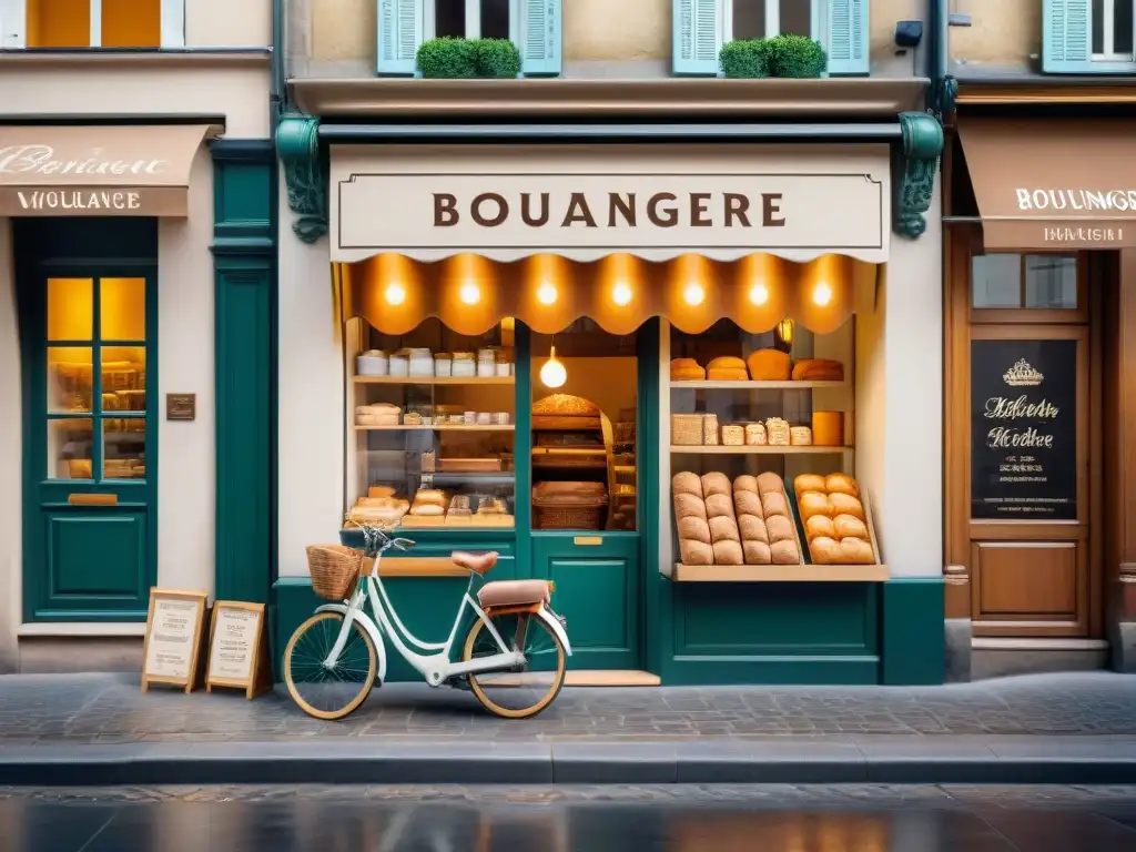 Una panadería francesa tradicional con baguettes y croissants recién horneados, historia baguette y croissant Francia