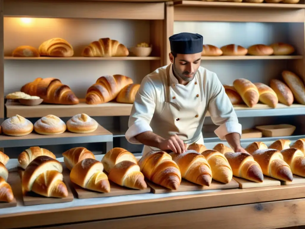 Fotografía de una panadería francesa tradicional al amanecer, con croissants y baguettes recién horneados y un panadero en acción