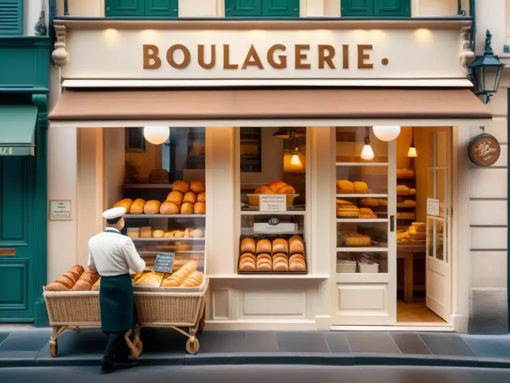 Una panadería francesa tradicional con encanto, donde el sol de la mañana ilumina el escaparate