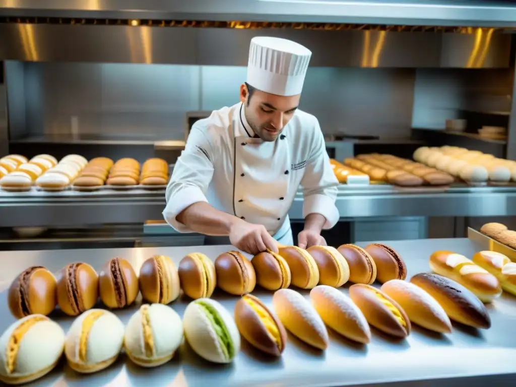 Una panadería francesa tradicional y moderna con chefs creando pasteles y baguettes, fusionando gastronomía francesa tradicional y moderna