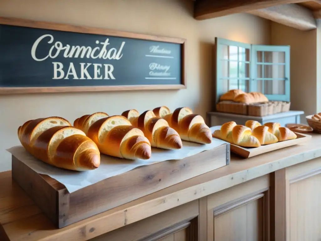 Una panadería francesa tradicional en un pintoresco pueblo, con baguettes y croissants recién horneados en cestas de madera rústica