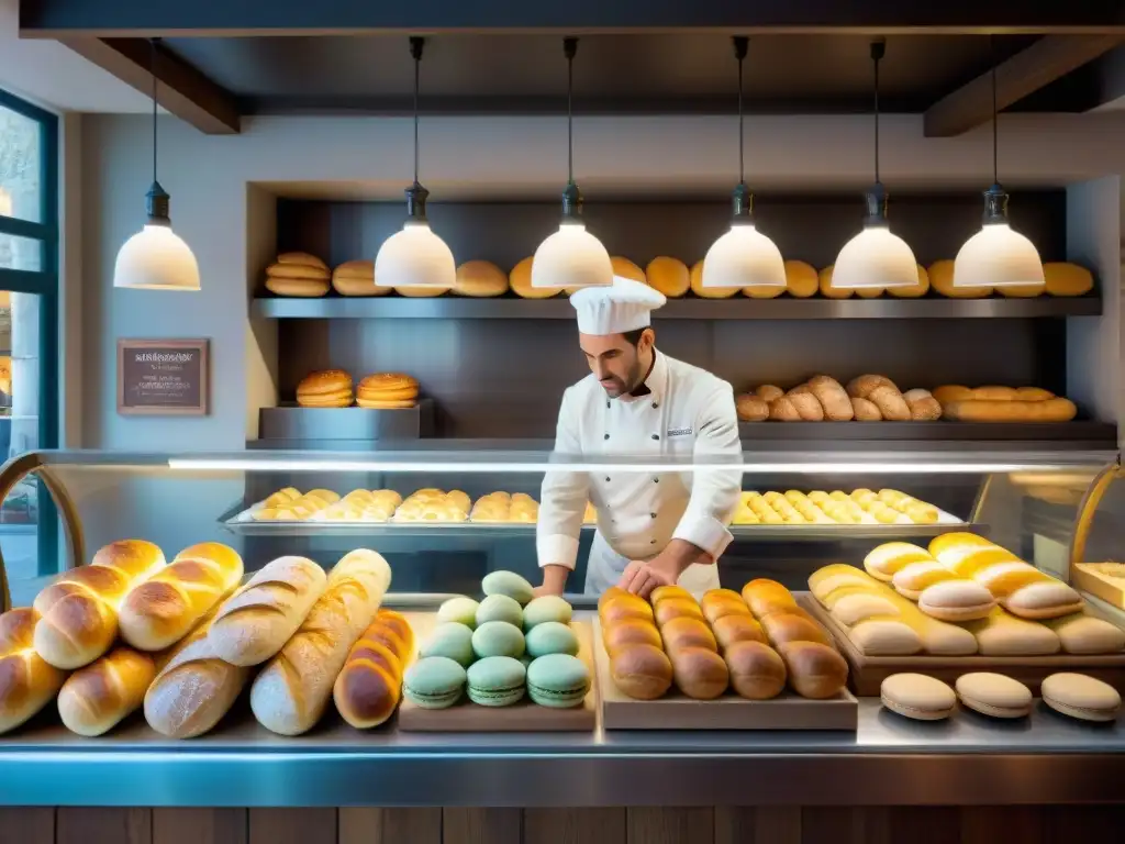 Una panadería francesa tradicional rebosante de actividad, con baguettes, croissants y macarons