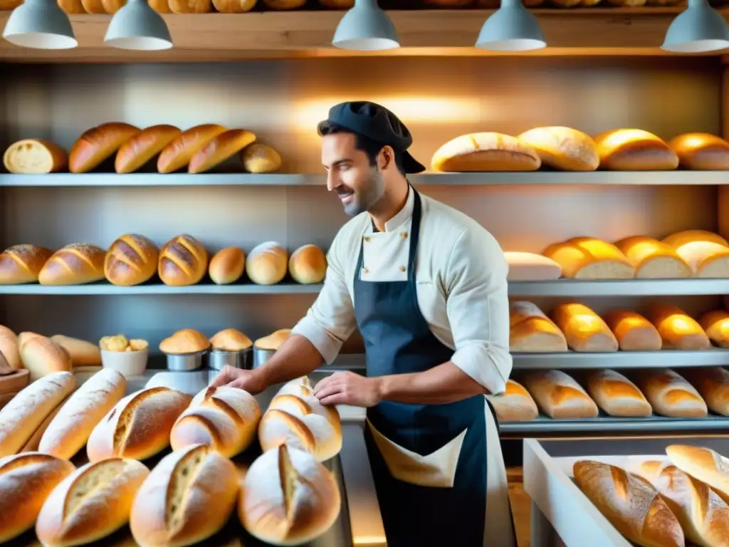 Panadería francesa tradicional rebosante de actividad y pan recién horneado