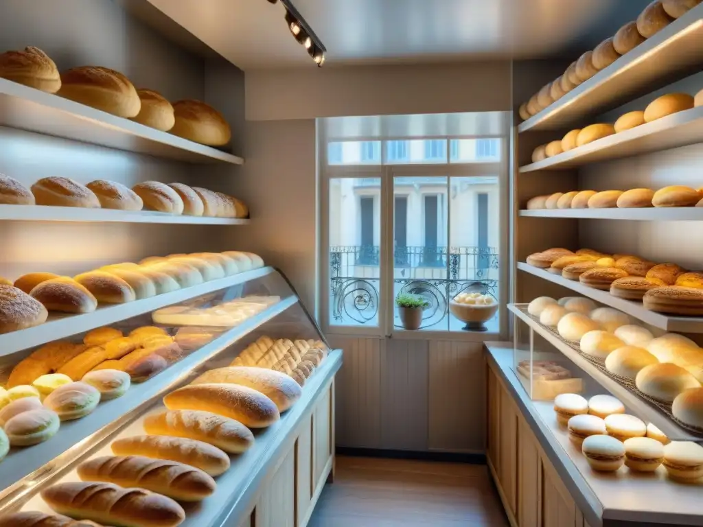 Una panadería francesa tradicional rebosante de actividad, con baguettes, croissants y pasteles frescos en cestas de mimbre