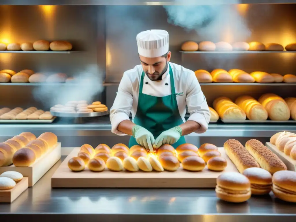 Una panadería francesa tradicional rebosante de actividad, con maestros artesanos y delicias innovadoras