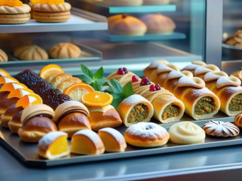 Una panadería francesa tradicional muestra una variedad de pasteles y panes, con influencia árabe en su decoración y sabores