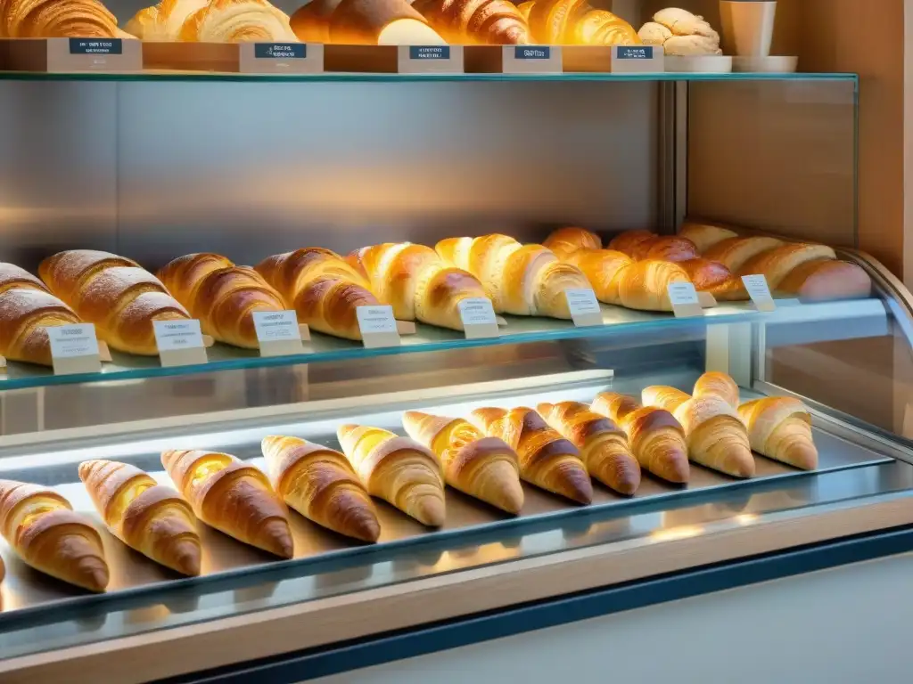 Una panadería parisina bulliciosa al amanecer con croissants recién horneados y clientes ansiosos