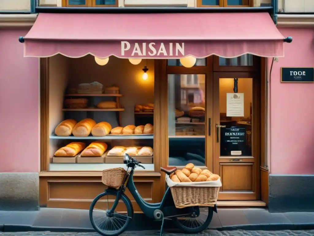 Una panadería parisina pintoresca al amanecer, con croissants recién horneados