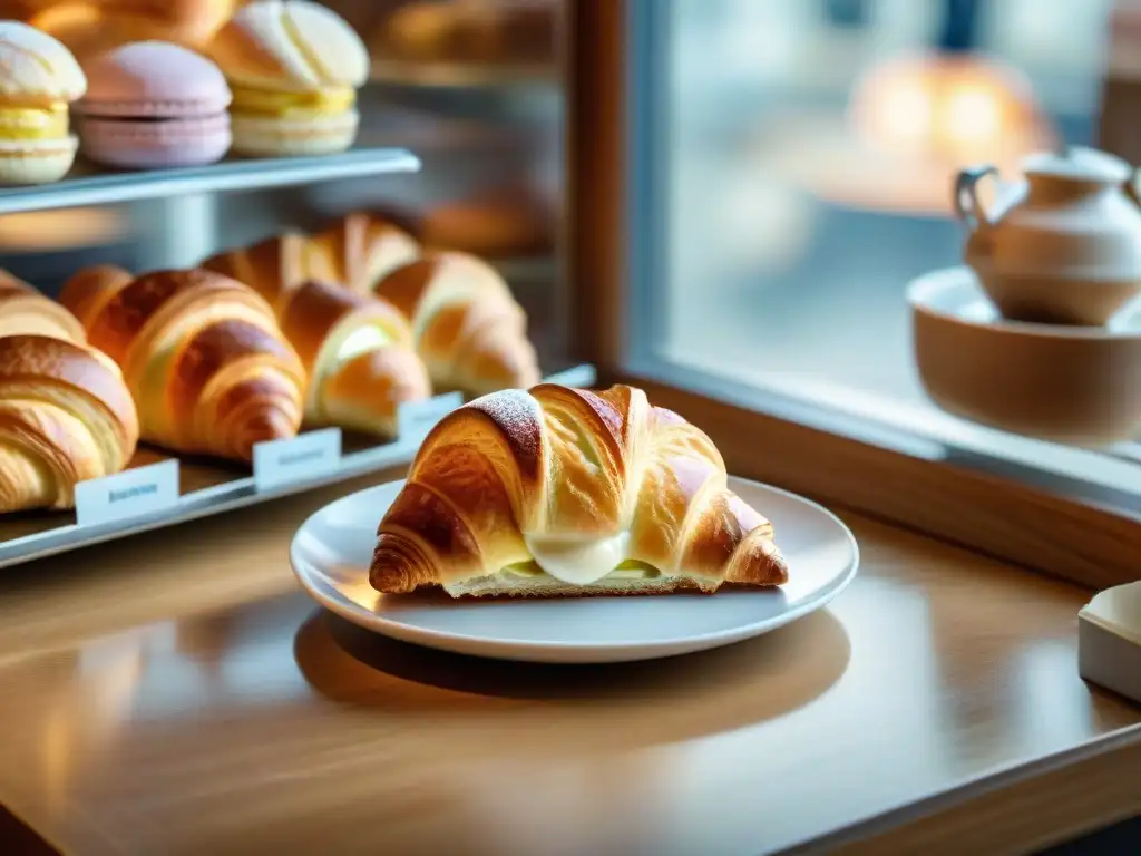 Una panadería tradicional francesa con croissants, baguettes y macarons