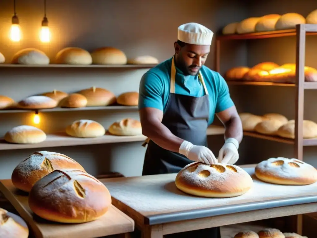 Panadería tradicional en Martinica: Artistas del pan trabajan la masa con destreza en un horno iluminado, creando panes tradicionales