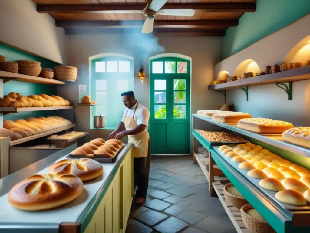 Panadería tradicional en Martinica: Hornos de leña, pan fresco y coloridos pasteles en un bullicioso pueblo caribeño