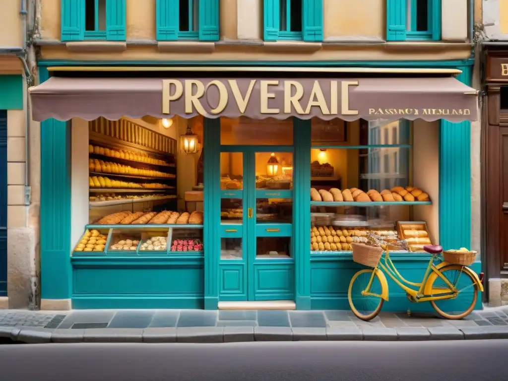 Pâtisserie Provençale: Delicias francesas en un encantador pueblo Una panadería tradicional Provenzal en un encantador pueblo francés, exhibiendo una variedad impresionante de pasteles y postres recién horneados