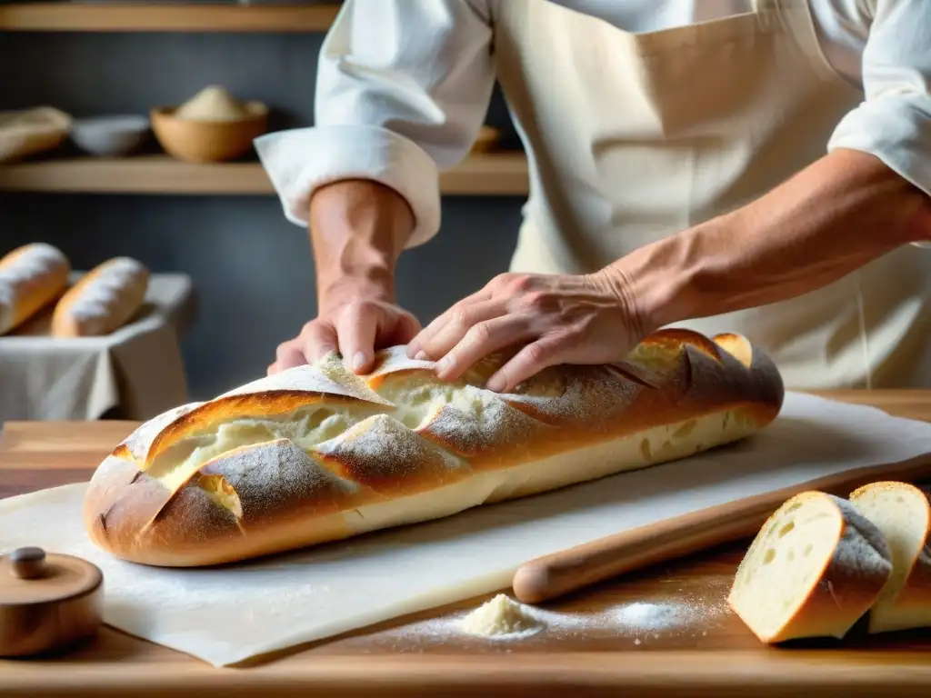 Con maestría, un panadero moldea una baguette francesa tradicional en una escena cálida y artesanal