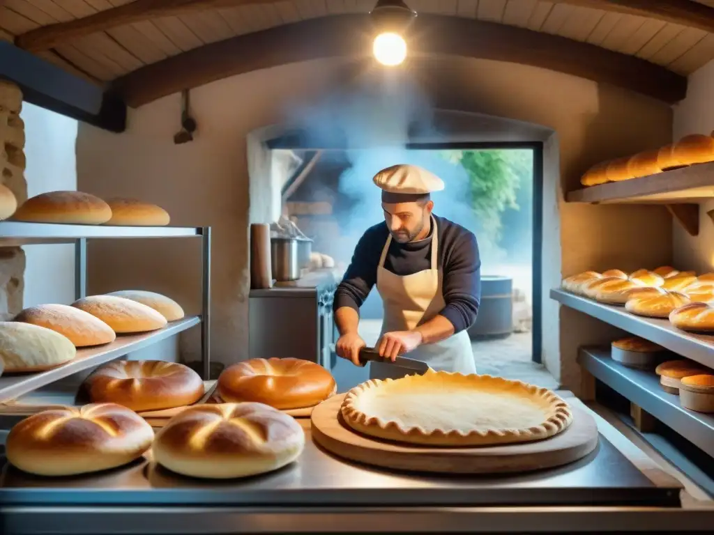 Un panadero preparando una Galette Bretona en una panadería tradicional en Bretaña, Francia, con una atmósfera rústica y cálida