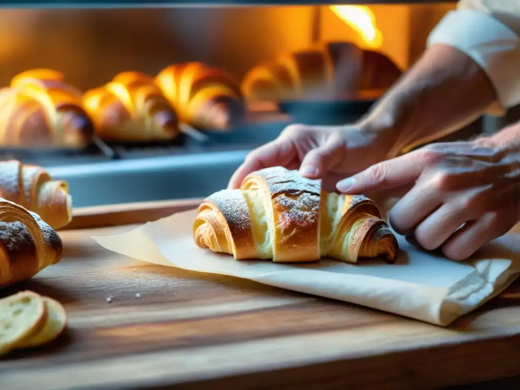 Hábil panadero moldea croissant dorado en panadería francesa al amanecer