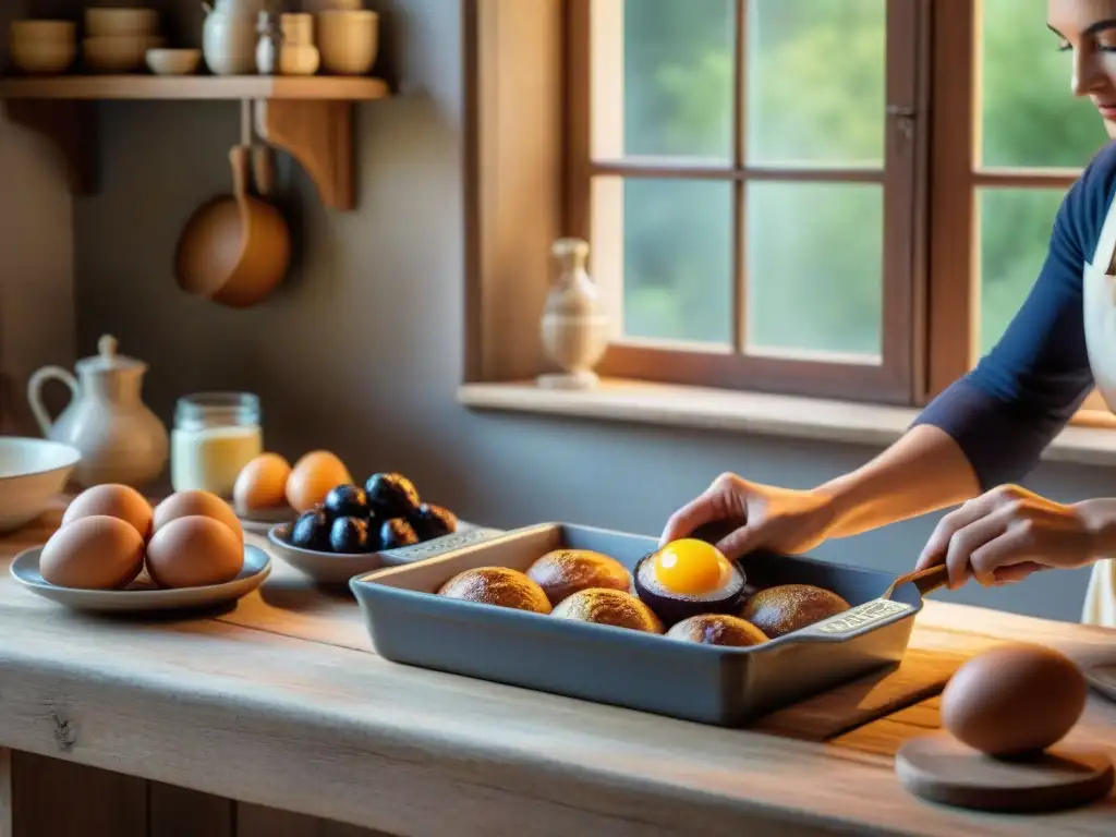 Un panadero prepara con destreza un Far Breton en una cocina rústica de Normandía, con ingredientes auténticos