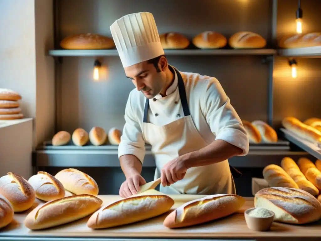 Un panadero moldea con destreza masa de pan francés fermentado tradicionalmente al amanecer en una panadería francesa