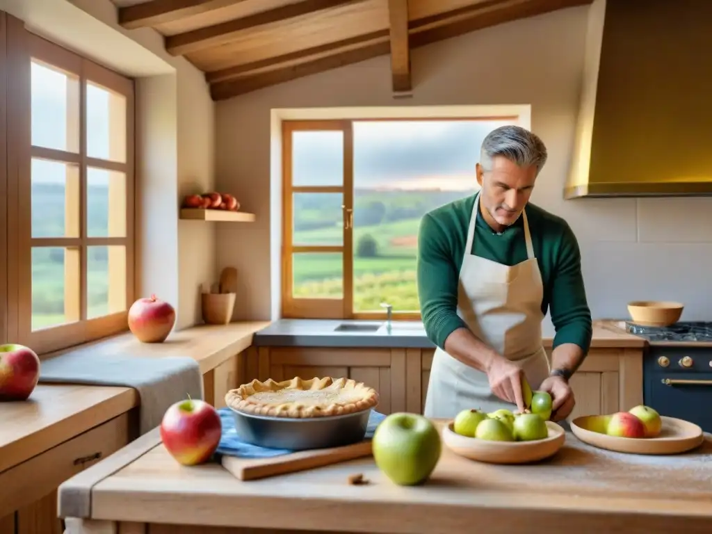 Un panadero elabora con esmero un pastel de manzana normando en una cocina rústica de Normandía, Francia