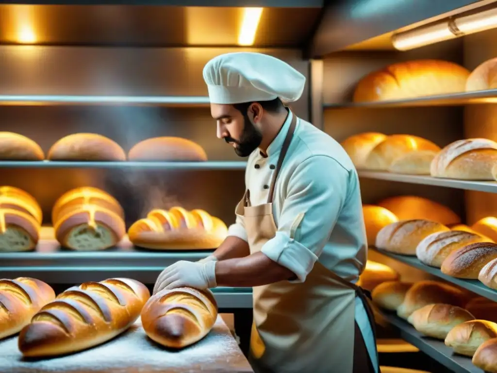 Un panadero experto moldeando una baguette dorada en una panadería francesa tradicional, rodeado de croissants recién horneados y panes rústicos