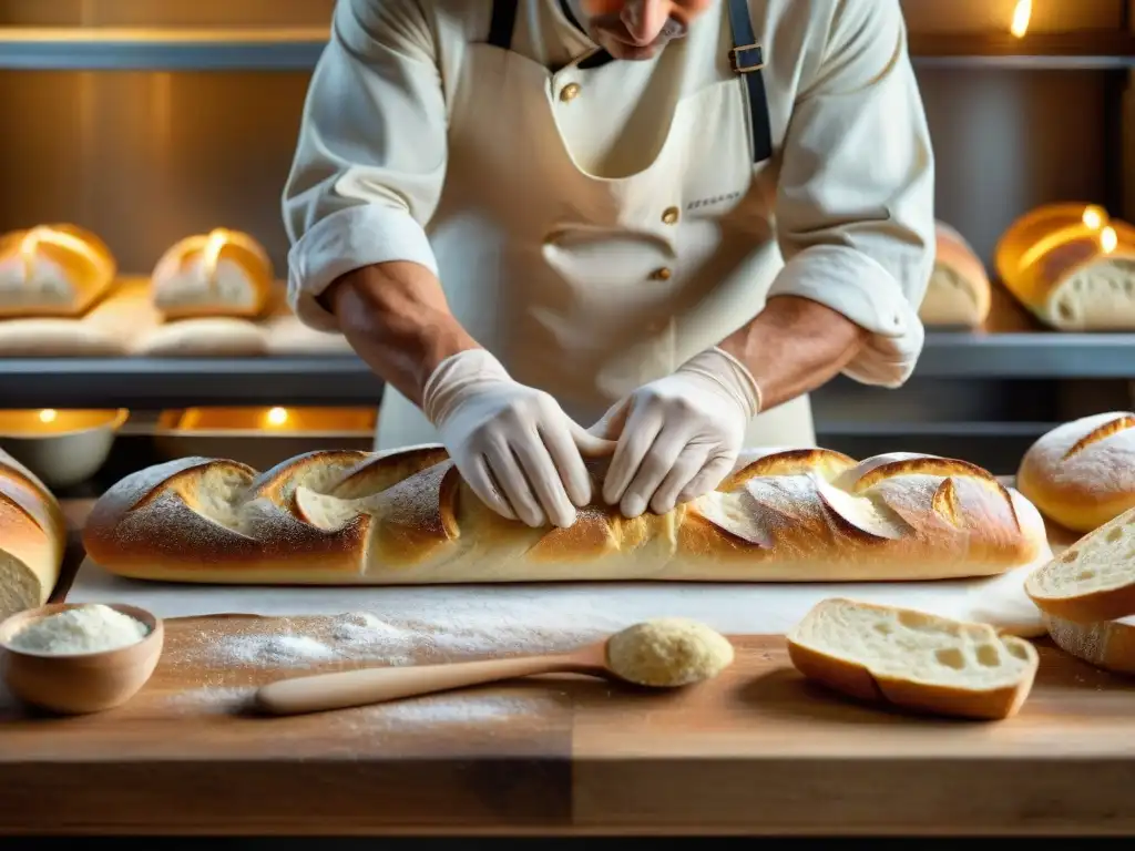 Un panadero experto moldea una baguette francesa tradicional, resaltando la historia del pan francés