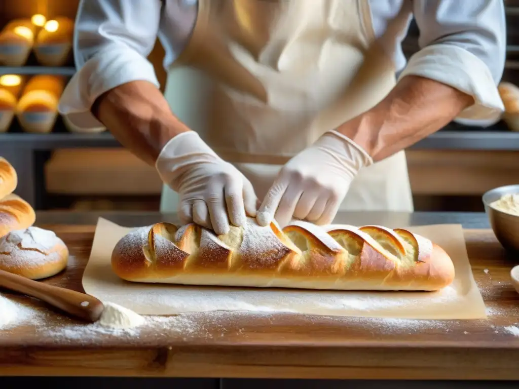 Un panadero experto moldea una baguette francesa tradicional en una cocina rústica