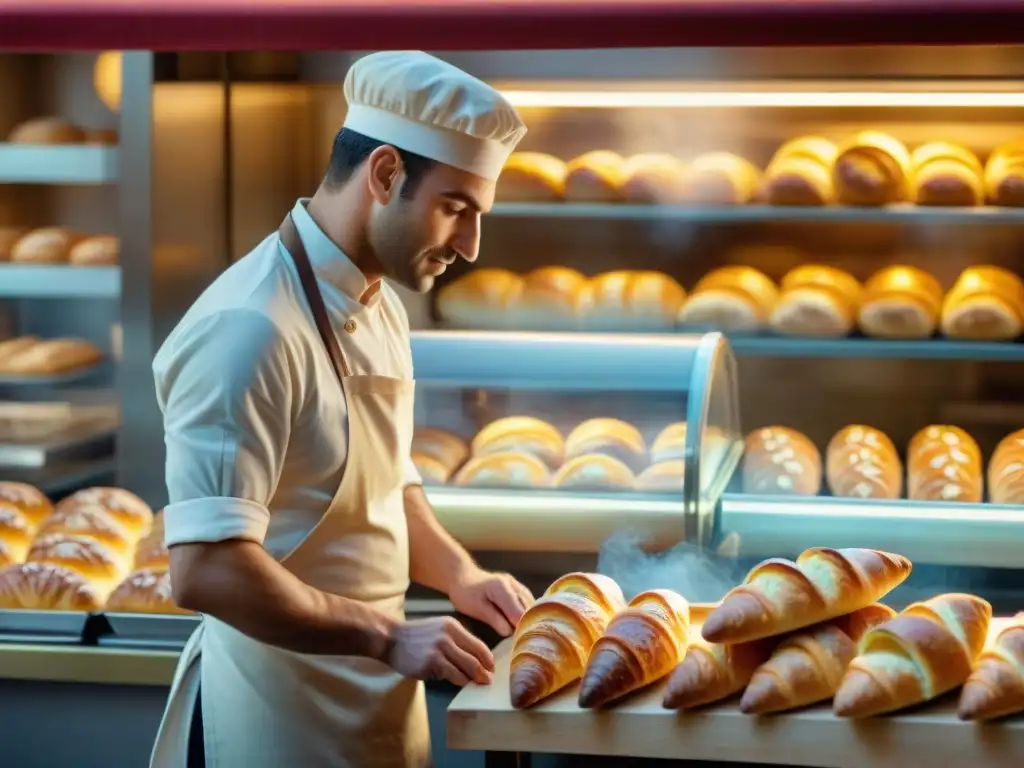 Un panadero experto moldea una baguette en una panadería francesa al amanecer, con croissants dorados al fondo