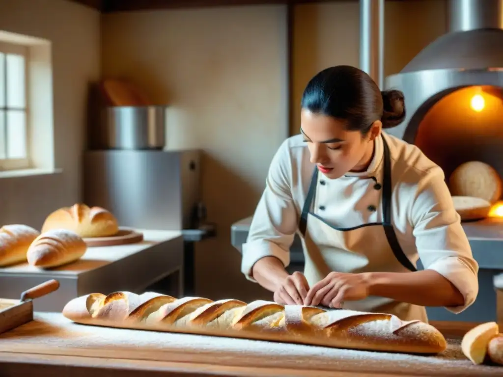 Un panadero experto moldea una baguette perfecta en la cocina francesa, con fermentación en la cocina francesa