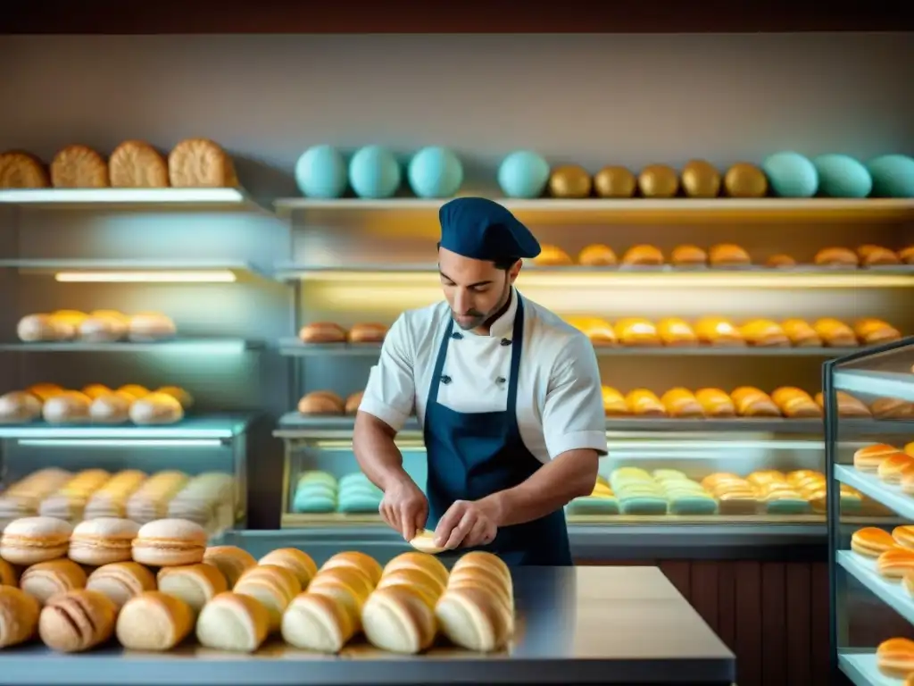 Un panadero experto moldea una baguette perfecta en una panadería francesa serena al amanecer