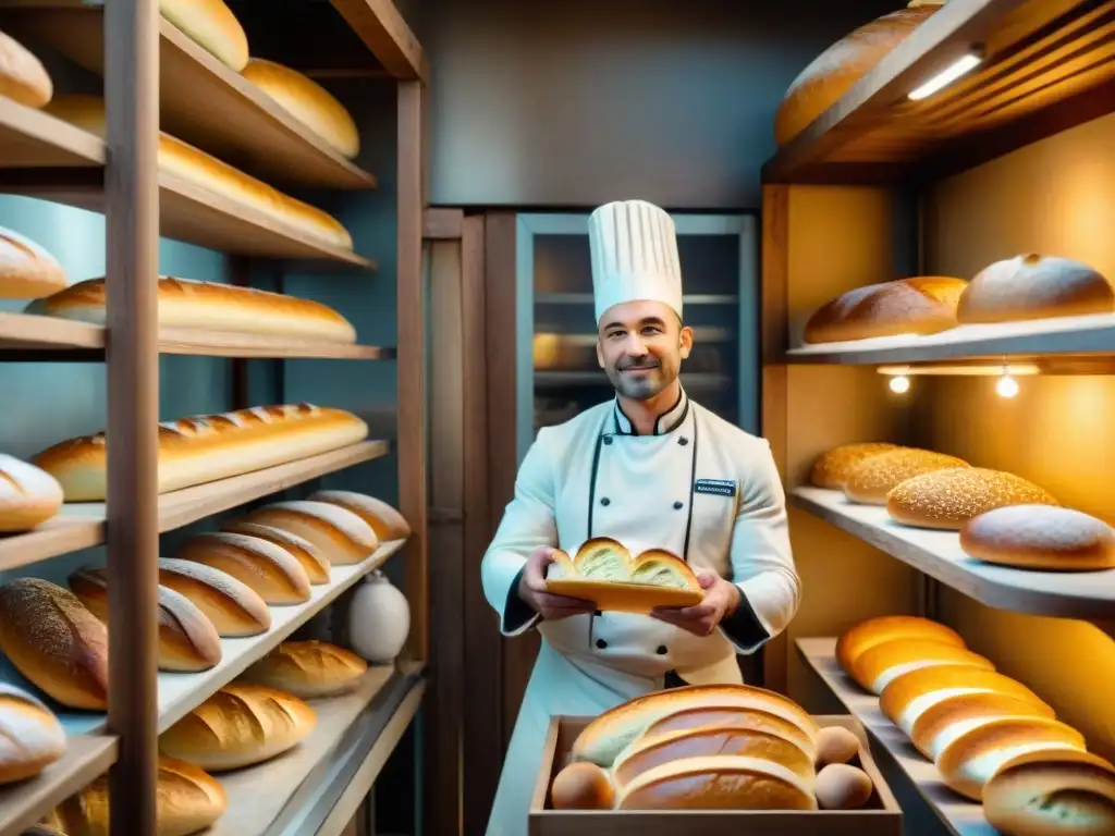 Un panadero experto moldea baguettes doradas en una bulliciosa panadería francesa, evocando la historia del pan francés