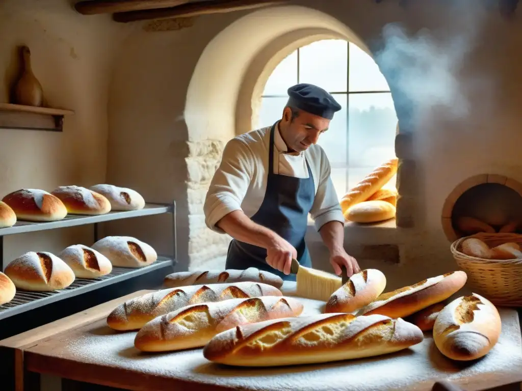 Un panadero experto saca baguettes del horno en una panadería francesa, en un rincón oculto de la gastronomía francesa