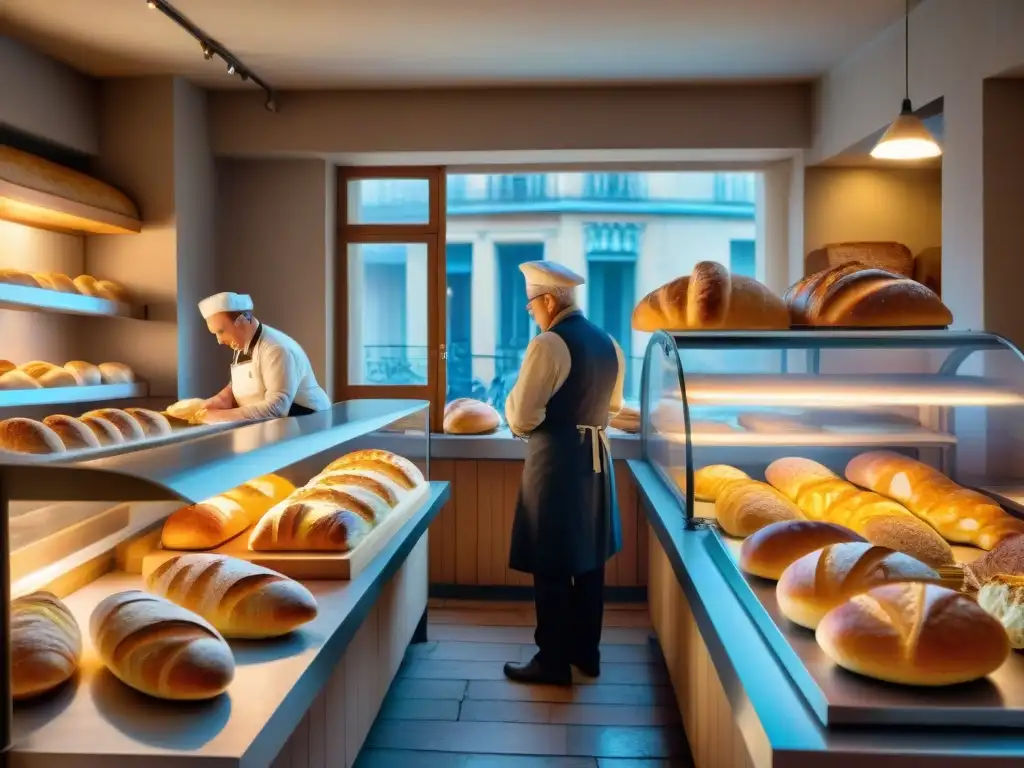 Un panadero experto moldea baguettes en una panadería francesa bulliciosa