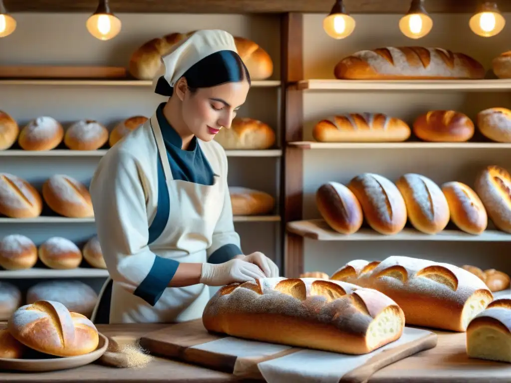 Un panadero experto moldea baguettes en una panadería francesa rústica al amanecer, con quesos franceses y panes artesanales