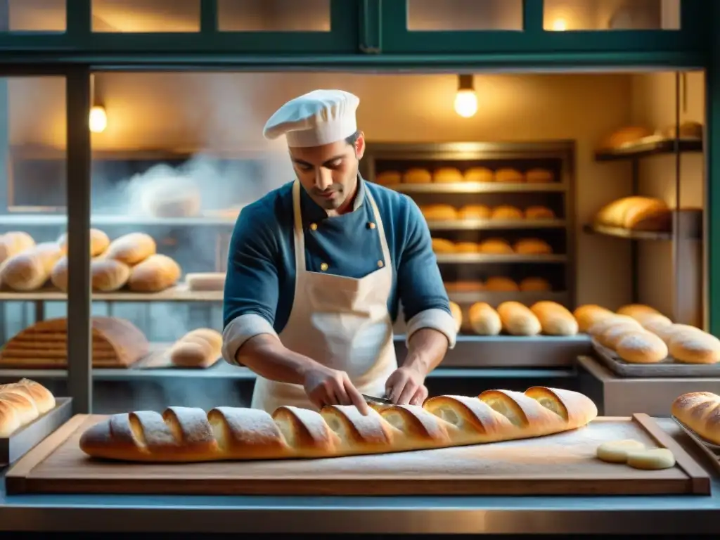 Un panadero experto moldea baguettes al amanecer en una panadería francesa, evocando la calidez de la elaboración artesanal