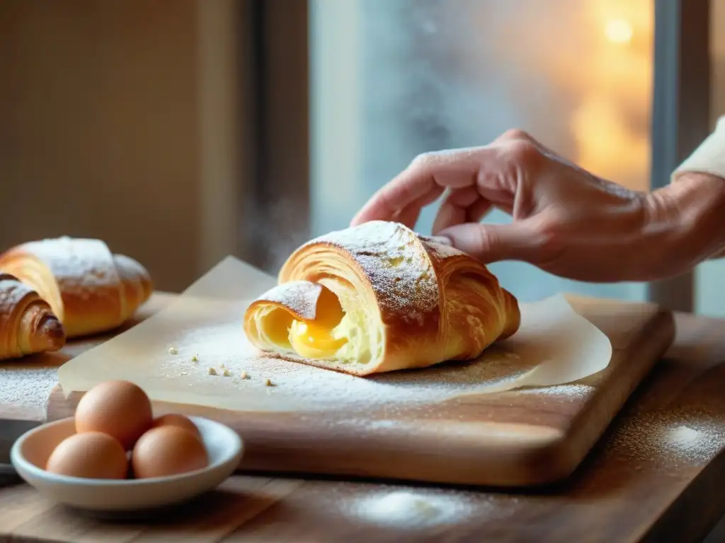 Un panadero experto moldea un croissant en una panadería francesa, con ingredientes y herramientas de panadería