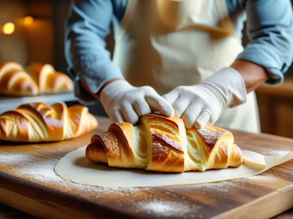 Un panadero experto moldea un croissant en talleres de panadería francesa