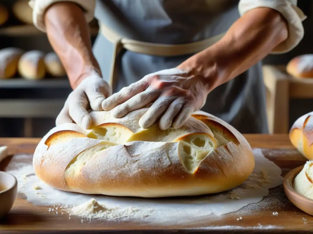 Un panadero experto moldea con destreza la masa de pan francés fermentado tradicionalmente