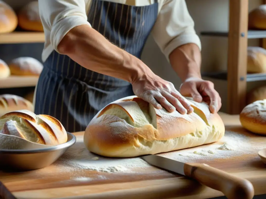 Un panadero experto amasa una gran cantidad de masa para pan francés fermentado tradicionalmente, mostrando destreza y pasión