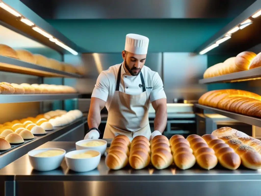 Un panadero experto utiliza herramientas modernas en una panadería pastelería francesa