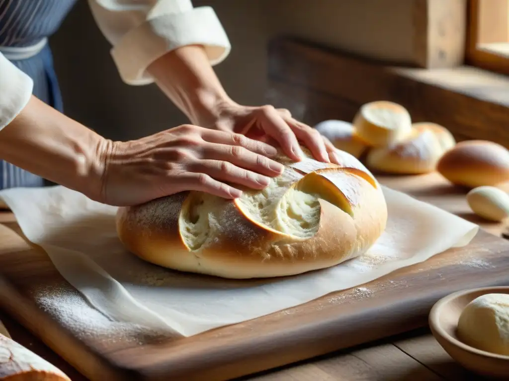 Un panadero experto amasando masa para pan francés fermentado tradicionalmente