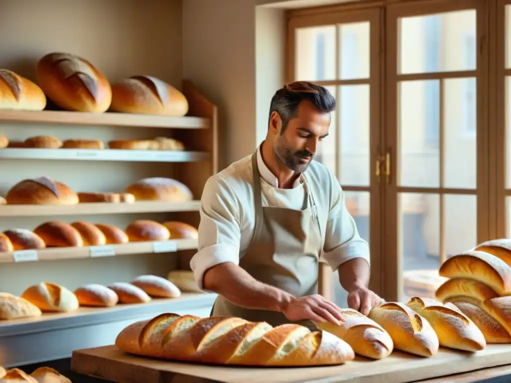 Panadero francés moldeando una baguette dorada en una panadería tradicional