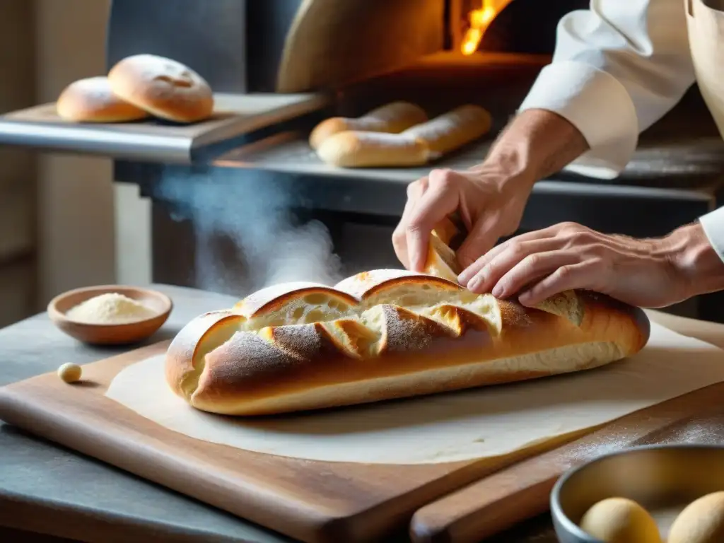 Un panadero francés experto moldea una baguette en una panadería rústica