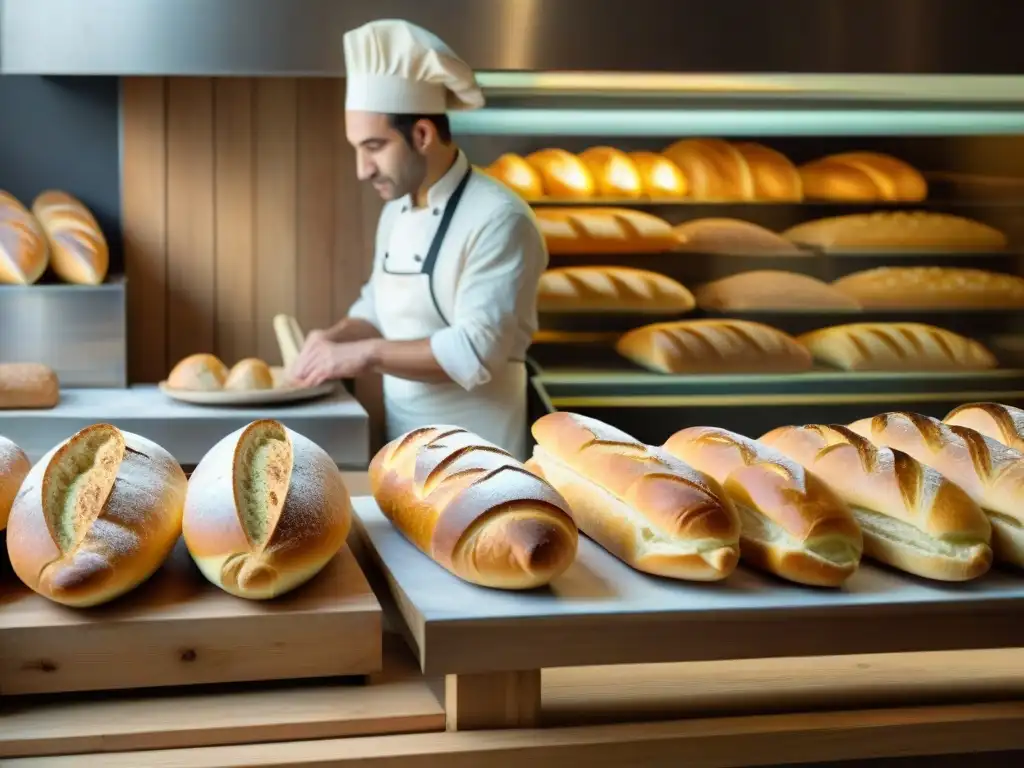 Un panadero francés experto moldea baguettes en una panadería tradicional al amanecer