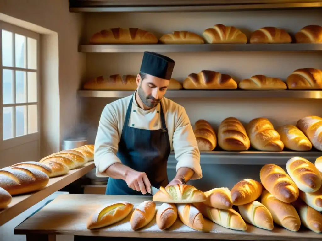 Un panadero francés experto moldea baguettes doradas en una panadería al amanecer, con una atmósfera rústica y encantadora